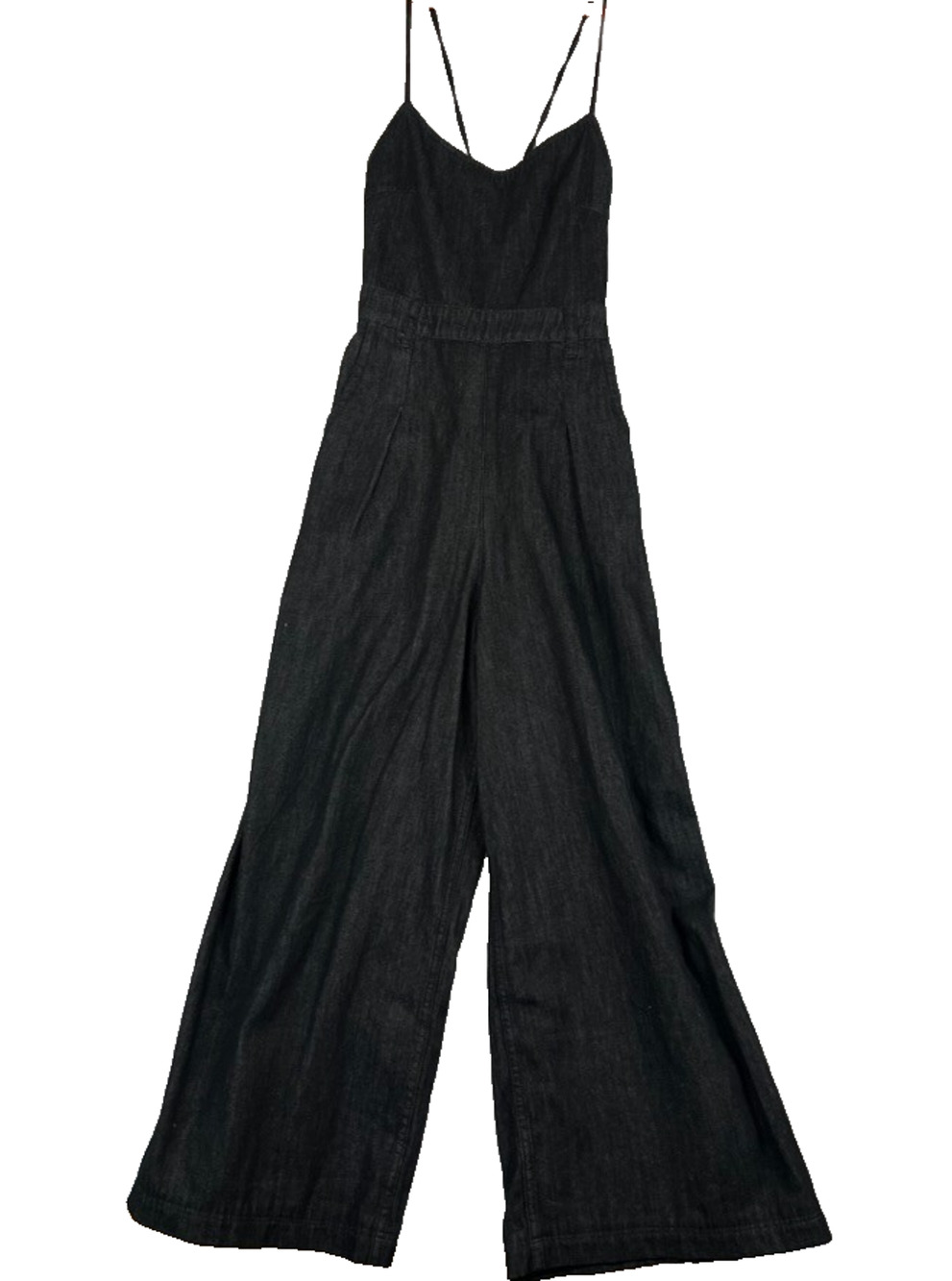 Molly Bracken Black Denim Jumpsuit Small Adjustable Straps Open Back Flared Leg